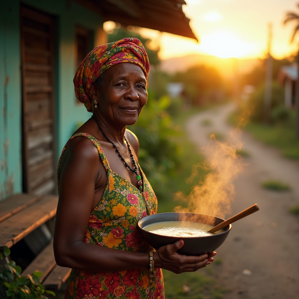 Old Jamaican woman wearing a vibrant floral headwrap and a warm smile, serving steaming hot soup from a large, worn wooden spoon, standing beside a rustic plyboard and zinc roadside restaurant, with a classic wooden bench and a few scattered tables, nestled among lush tropical foliage, against the warm, golden light of a setting sun, casting long shadows and a soft, cinematic glow, evoking the works of Terrence Malick, Gordon Parks, and Werner Herzog, with a cinematic film still aesthetic
