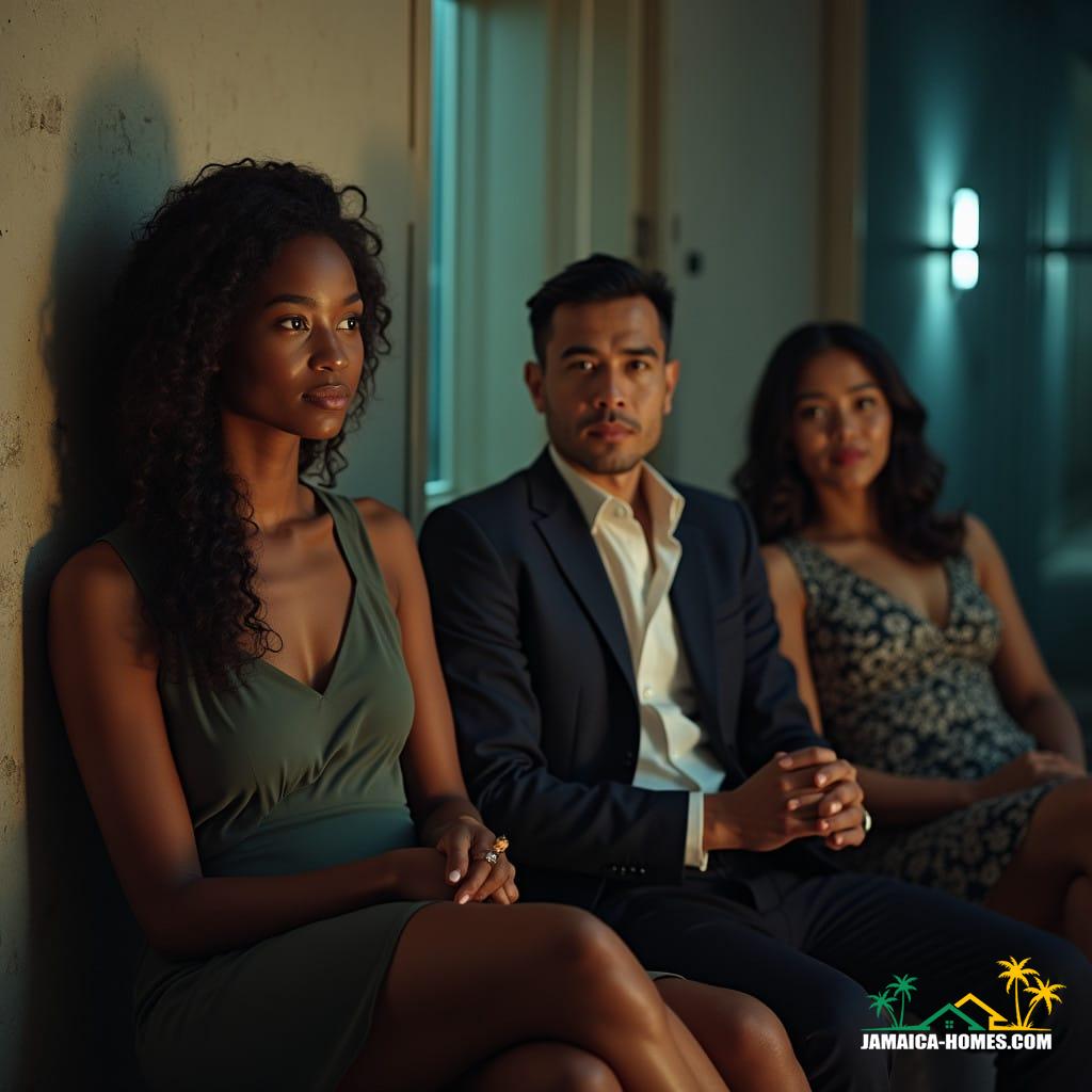 Three people are waiting to be interviewed for a real estate job in Jamaica, Caribbean. One is a beautiful Black woman, another is a white man, and the third is a Chinese woman. All are dressed professionally.