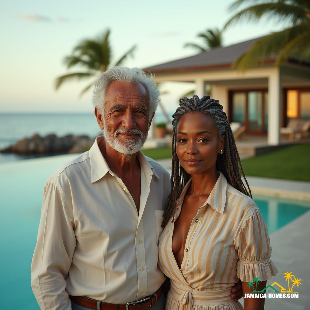 A regal elderly couple stands proudly in front of their luxurious new beachfront villa in Montego Bay, called The Pinnacle of Life. The man has a distinguished, Mediterranean-like appearance with warm brown skin, sharp features, and an air of wisdom. The woman, a striking mixed-race beauty with almost fair skin, wears elegant, slightly graying dreadlocks that cascade over her shoulders. Both exude grace, confidence, and a lifetime of experiences, dressed in refined yet relaxed attire that complements the tropical paradise around them. The background features the stunning turquoise ocean, swaying palm trees, and the sophisticated architecture of their modern villa, blending seamlessly with the natural beauty of the island