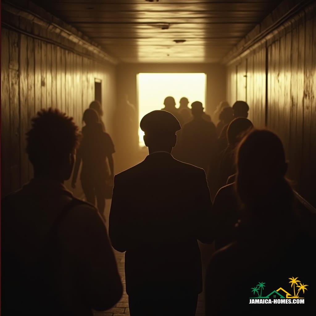  Cinematic film still, shot on v-raptor XL, film grain, vignette, color graded, post-processed, cinematic lighting, 35mm film, live-action, best quality, atmospheric, a masterpiece, epic, stunning, dramatic, depicting Jamaican immigrants disembarking a ship in Britain, a subtle golden hour glow washes over the immigration hall, highlighting the hope and uncertainty on their faces. The scene evokes the spirit of the British Nationality Act of 1948, with a focus on the human element of migration.