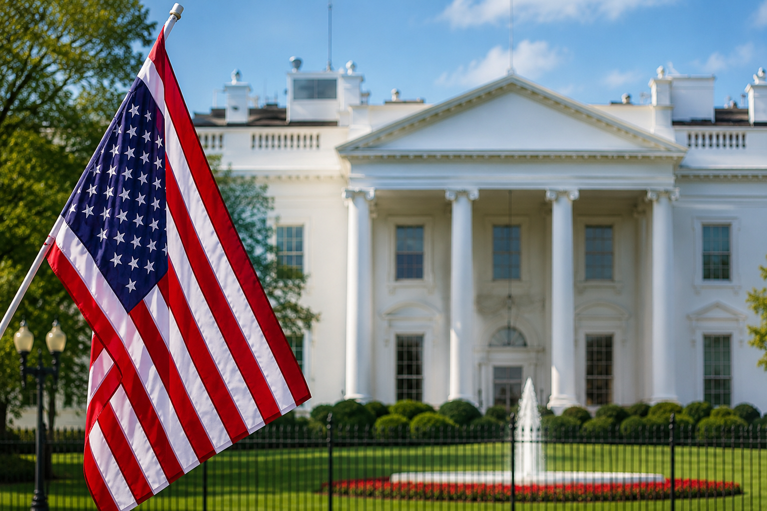 The White House stands in soft focus behind a prominent American flag, symbolising the continuing political and economic influence of the United States across the Caribbean amid shifting diplomatic priorities.