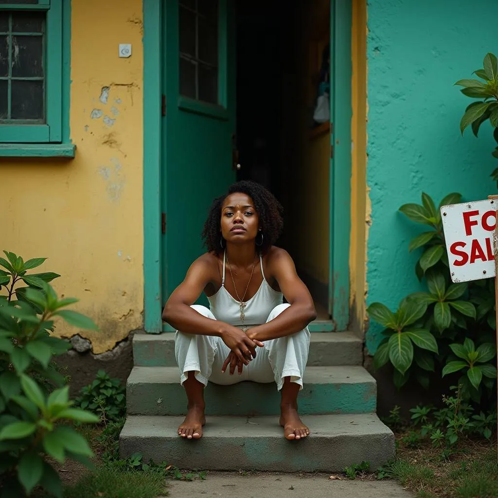 A tenant sits outside a modest home as a “For Sale” sign stands nearby, reflecting the uncertainty many renters face when a landlord decides to sell. The image captures a common reality in Jamaica’s housing market, where tenants may be forced to urgently seek new accommodation despite having done nothing wrong. Human-Centred / Storytelling A tenant pauses on the steps of her rented home, moments after learning the property is being sold. With limited notice and rising rents, she faces the familiar pressure many renters experience — finding secure housing quickly in a tight market.