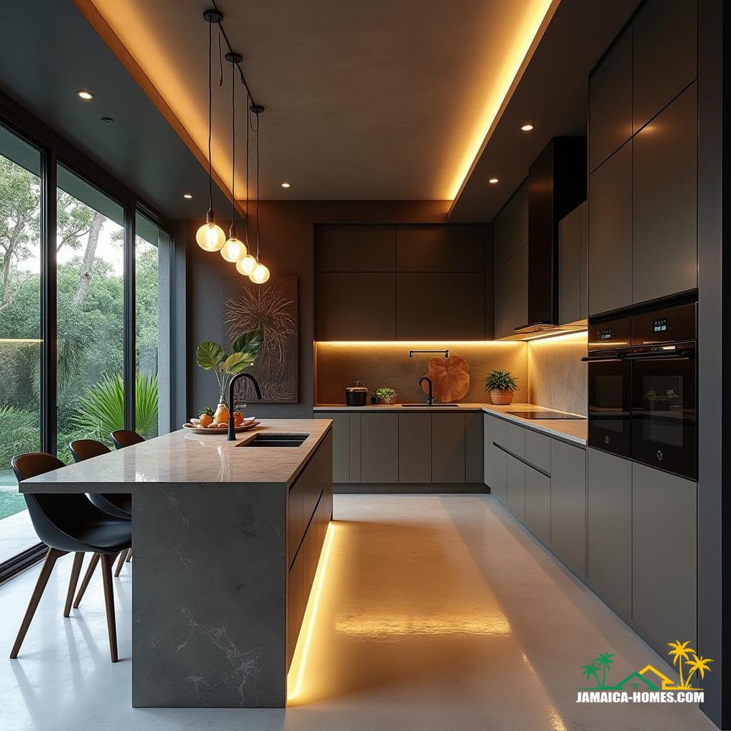 A sleek, ultra-modern kitchen in Jamaica, nestled within a single-story garage, exudes luxury through its compact design. Matte-finish cabinetry in neutral tones, complemented by rich wood and black accents, lines the space, while a quartz-topped waterfall island serves as the centerpiece. State-of-the-art smart appliances blend seamlessly into the open-concept layout, illuminated by warm LED lighting that casts a subtle glow under the cabinets. A large glass window floods the space with natural light, framing a stunning tropical view. Stylish pendant lights suspended above the island add a touch of sophistication, while a hidden pantry maintains the space's sense of sleek minimalism. Cinematographer's eye, shot on V-Raptor XL, 35mm film aesthetic, cinematic lighting, warm color grading, and post-processed to perfection, with a hint of film grain and vignette, evoking the mastery of directors like Denis Villeneuve, Roger Deakins, and Emmanuel Lubezki, blending realism with a sense of epic drama.