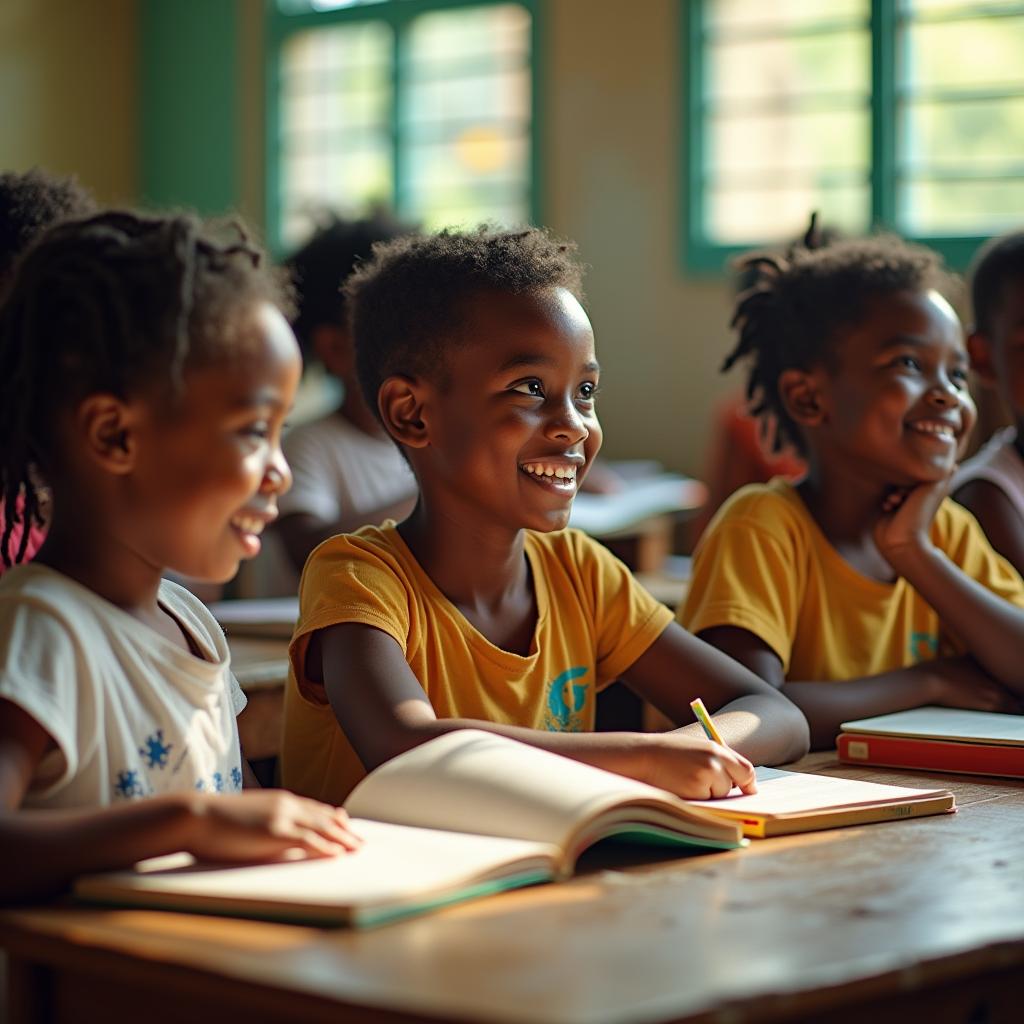 In a sun-drenched Caribbean classroom, vibrant Jamaican children with bright smiles and eager eyes engage in lively educational activities, surrounded by colorful textbooks and playful learning materials, shot in a warm, amplified by atmospheric lighting, to evoke a sense of hope and possibility rendering a visually stunning, post-processed masterpiece.
