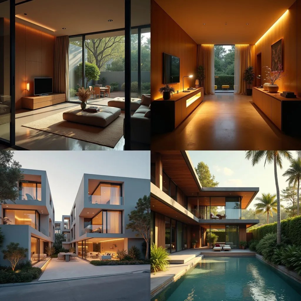 Rendered image of a Flexidential modern property, showcasing a sleek, contemporary design with clean lines and open-concept spaces. The property features adaptable interiors with multi-purpose rooms that easily transform to suit various needs—such as a living area that can double as a home office or guest space. Large floor-to-ceiling windows allow natural light to flow through, creating a bright and inviting atmosphere that emphasizes flexibility and functionality. The exterior combines minimalist architecture with sustainable materials, blending seamlessly into its surroundings. This Flexidential home embodies a forward-thinking approach to modern living, where each space is designed to evolve with its occupants.
