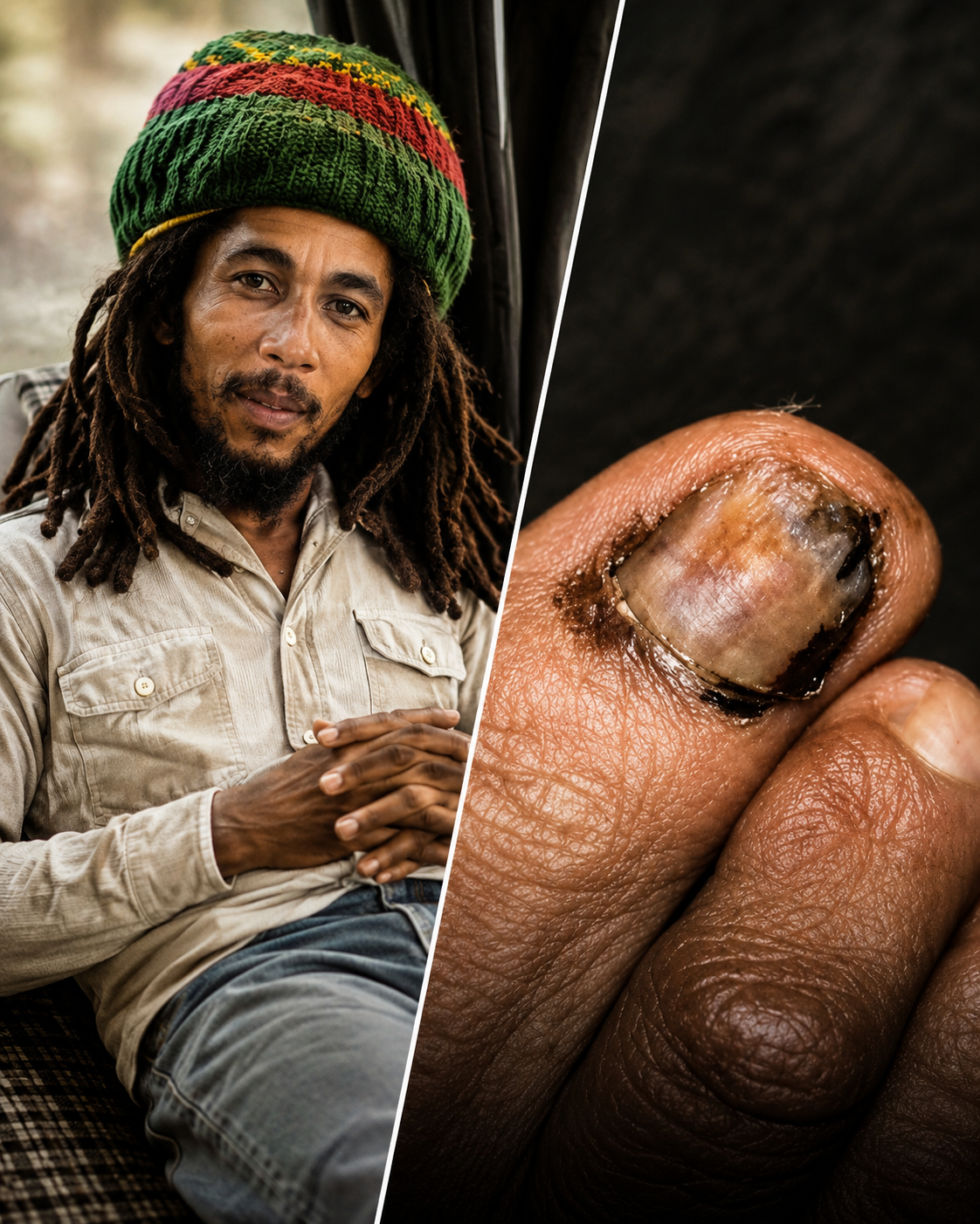 A dramatic split-image composition showing a Bob Marley-inspired portrait on one side and a close-up of a damaged toenail on the other, separated by a sharp diagonal divide. The image symbolises the hidden illness that ultimately claimed the reggae legend’s life, contrasting his global image and cultural influence with the little-known medical battle behind the scenes.