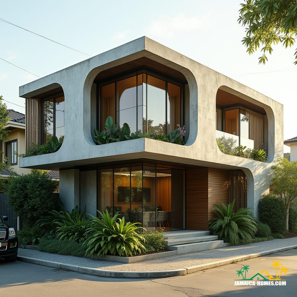 Kingston Tiny Corner L-Home Design: Two 20-ft modules forming L-shape around a tiny corner garden and porch. Materials: Concrete, steel, glass, timber for outdoor accents. Features: Solar panels, cross-ventilation, thin vertical windows, small front garden. Environment: Urban corner lot, streets on two sides, tropical plants, sunlight. Style Notes: Ultra-modern, compact, sustainable, visually striking despite small footprint.