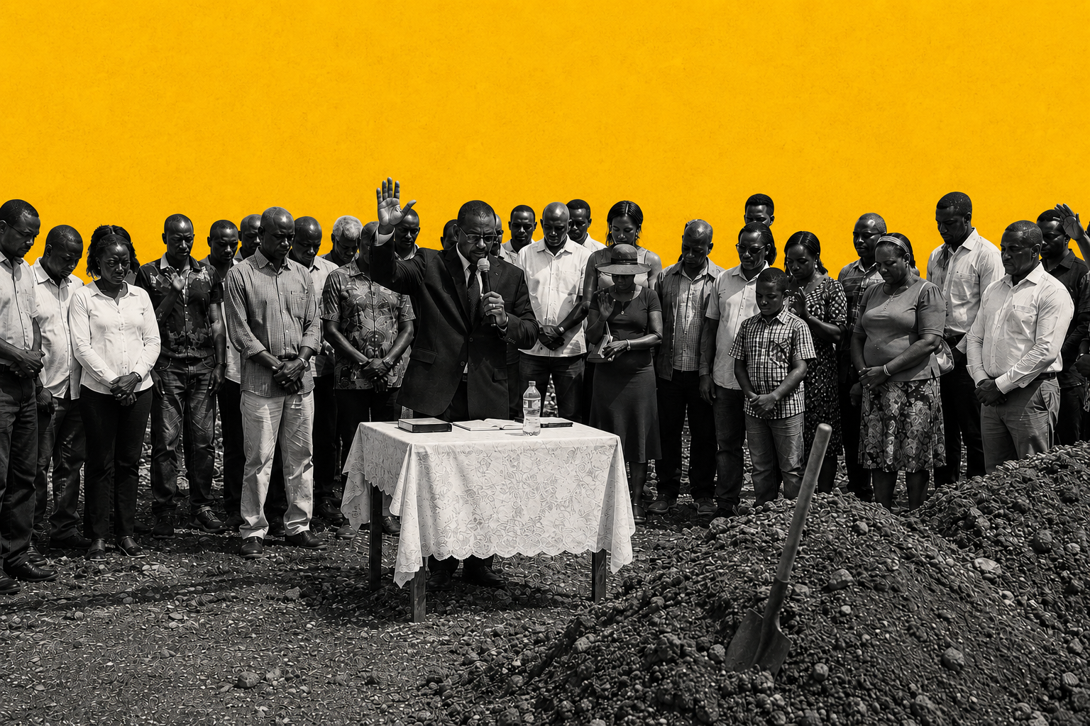 Community members bow their heads in prayer during a groundbreaking ceremony for a new development in Jamaica. Faith leaders and residents gathered to bless the land before construction began.