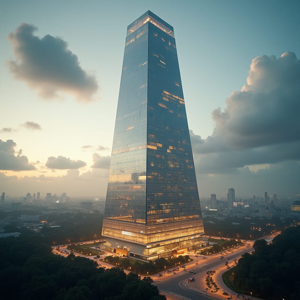 A colossal upside-down pyramid skyscraper located in the heart of Kingston, with its widest point at the top and the narrowest at the base. The building’s walls are made entirely of reflective glass, and it rises high above the city, defying traditional architectural logic. The upper floors house offices and luxury suites, with an open-air plaza at the base for public markets and events. Gravity-defying, inverted architecture, futuristic glass structure, urban marvel.