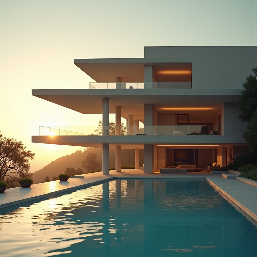Majestic 6-story modern house with a dramatic Parapet gable roof, elevated on slender columns, with a sparkling swimming pool shimmering beneath the structure, as if floating on water.