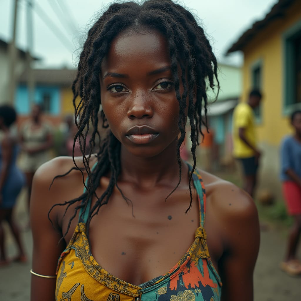Close-up of a hardworking, beautiful Jamaican woman, dressed in worn yet vibrant clothing, sweat-drenched and determined, lining up for work in a bustling Jamaican cityscape, with a gritty, cinematic film still aesthetic, evoking the works of acclaimed cinematographer Roger Deakins, with a color palette reminiscent of Wong Kar-wai's nostalgic films, and the dramatic lighting of Gordon Willis