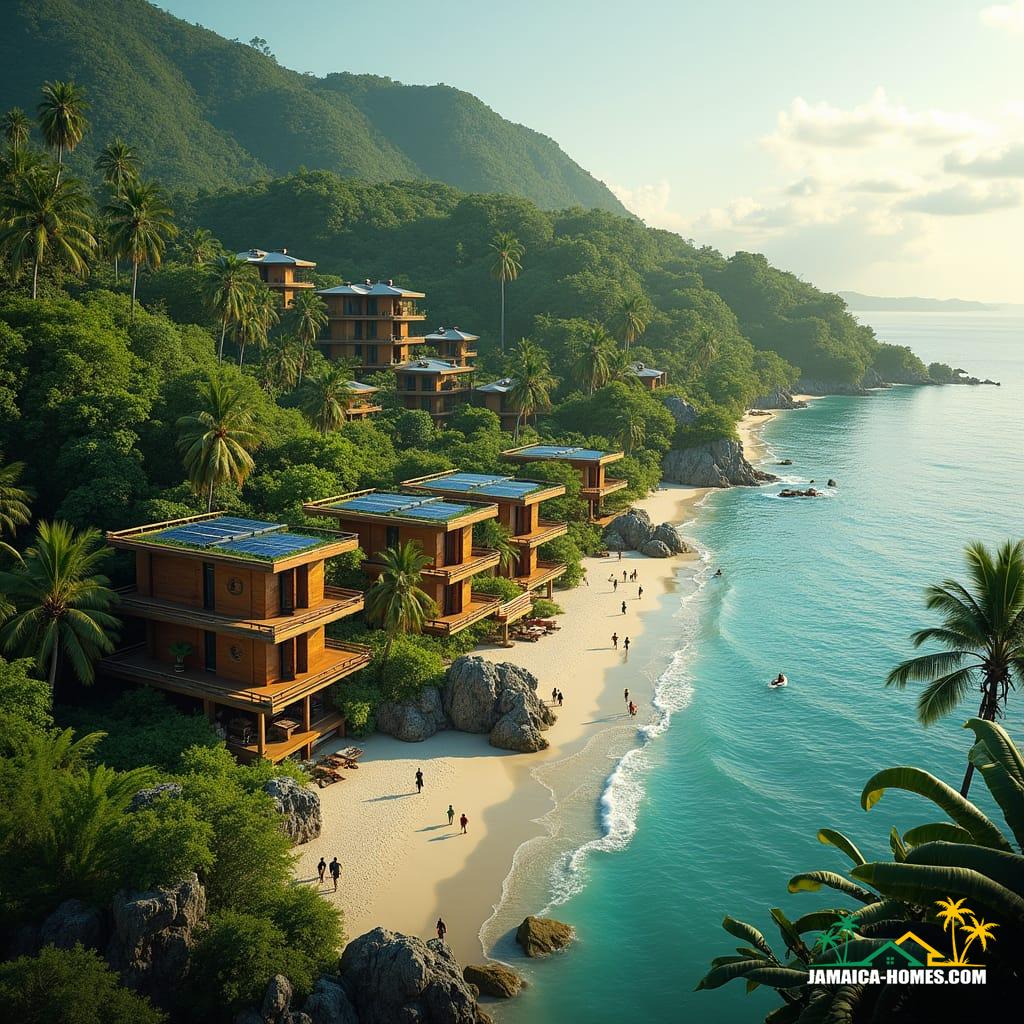 A serene Jamaican coastline with lush greenery and crystal-clear waters, featuring an eco-resort with solar-powered villas, crafted from reclaimed wood and sustainable materials, blending seamlessly into the surroundings. Rainwater harvesting systems and lush green roofs harmonize with the natural landscape, as tourists and locals alike enjoy the tranquil atmosphere. Cinematic lighting dances across the scene, with warm hues of golden hour casting a magical glow, reminiscent of a Stanley Kubrick film.