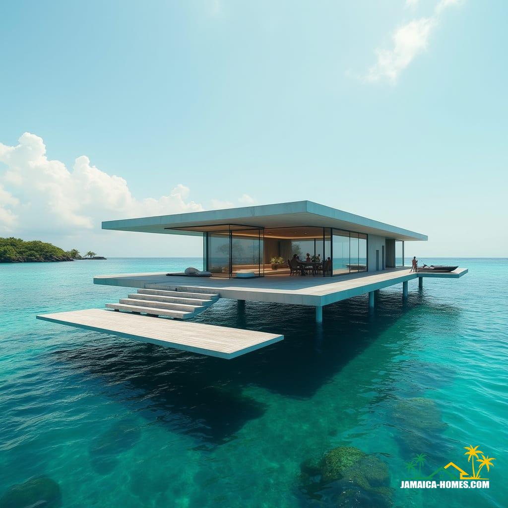 A majestic, eco-friendly floating villa hovers above the turquoise waters off Tower Isle, Jamaica, its sleek, minimalist design accentuated by seamless glass walls and retractable roof panels, blending seamlessly into the surrounding marine landscape. An underwater viewing room offers a breathtaking glimpse into the vibrant marine life, while a private dock cradles a luxurious speedboat, and an overwater infinity pool appears to merge with the horizon. The self-sustaining villa is powered by cutting-edge hydro and solar energy systems, harmoniously integrating technology and nature. Shot on a V-Raptor XL camera, the image exudes a cinematic quality, with subtle film grain, a vignette, and expert color grading, evoking the grandeur of a 35mm film. Inspired by the atmospheric lighting of Gregory Crewdson, the moody tones of Alex Prager, and the majestic landscapes of Andreas Gursky, this live-action masterpiece is a symphony of light, texture, and composition, a truly epic and dramatic visual experience.