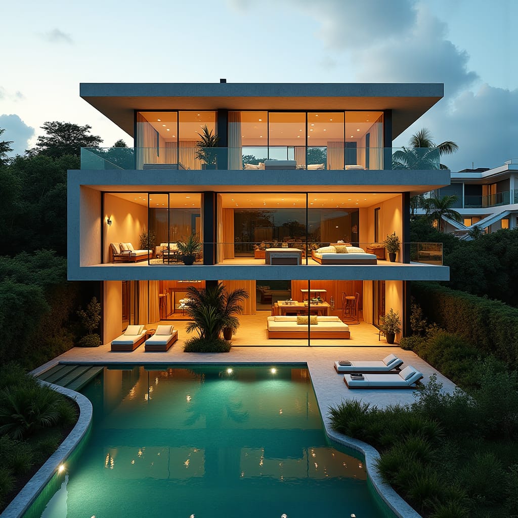 Ultra-modern, 4-story, 10-bedroom Jamaican mansion with sleek glass façade, expansive windows, and cantilevered concrete platforms, set amidst the bustling cityscape, featuring crystal-clear glass pools that appear to float in mid-air.