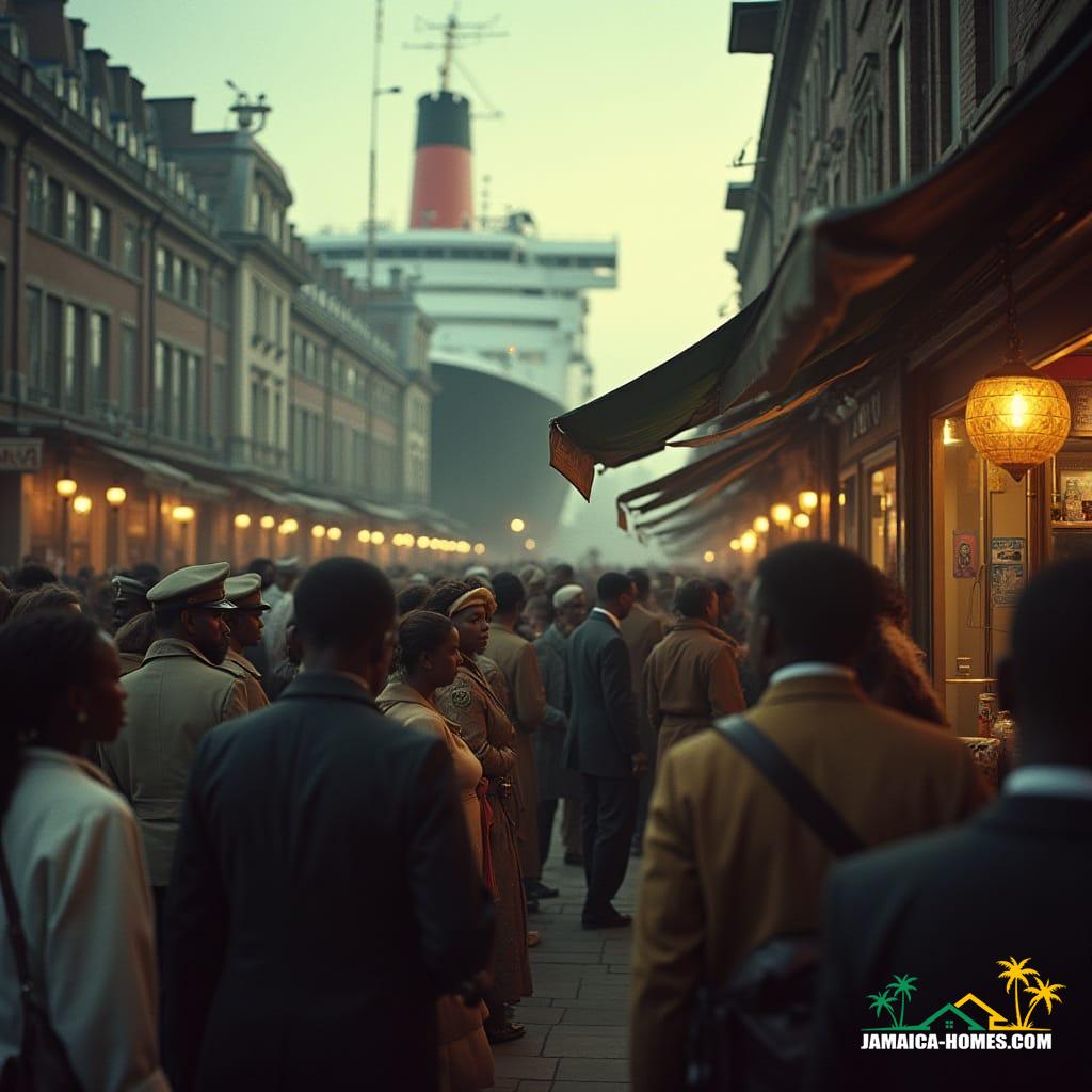 Cinematic film still, shot on v-raptor XL, 35mm film, showing a diverse group of British citizens of Caribbean descent gathered around a memorial planting a tree for the 75th anniversary of the Empire Windrush. Bureaucracy and bureaucracy are depicted through faint, out-of-focus tax forms in the background. Dramatic, atmospheric, cinematic lighting with a hint of golden hour glow, color graded, post-processed, film grain, vignette, best quality, a masterpiece, epic, stunning, live-action.