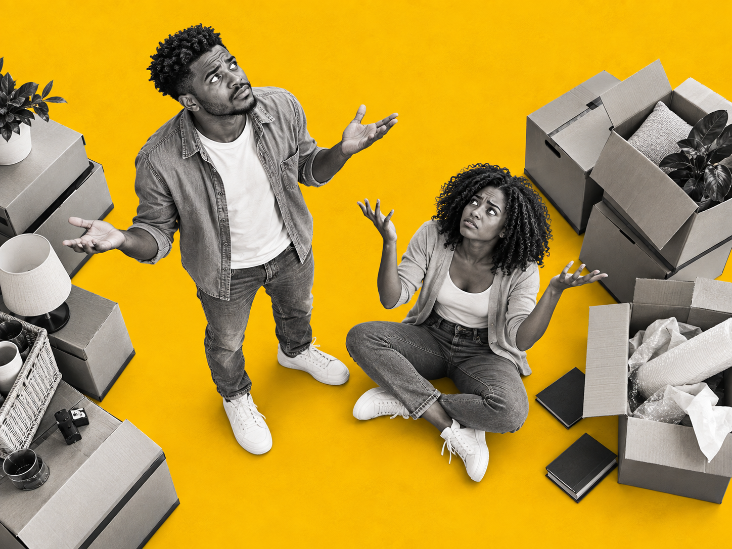 A young Black couple are pictured amid a sea of moving boxes and household belongings against a bold yellow background. The man stands with both hands raised, looking upwards with a puzzled, exasperated expression, while the woman sits cross-legged nearby, also lifting her hands as if asking, “What is going on this week?” Their body language captures the uncertainty, pressure and frustration that can accompany moving, renting, buying or dealing with unexpected changes in the property market. The grayscale treatment of the people, boxes and furnishings contrasts sharply with the yellow backdrop, creating a striking editorial image suited to Jamaica’s Property Week coverage.