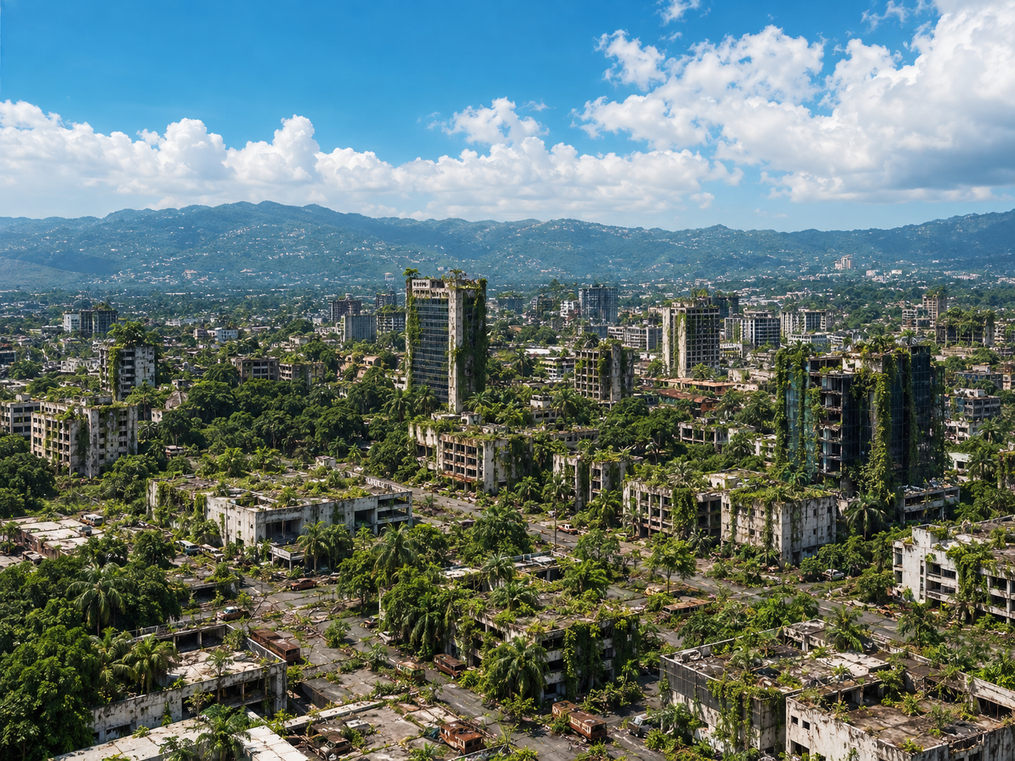 An imagined view of Kingston, Jamaica, three decades after humanity disappeared. Roads crack beneath thick vegetation, abandoned buildings weather and decay, and trees and vines gradually reclaim the city, while the surrounding hills remain green beneath a bright Caribbean sky.