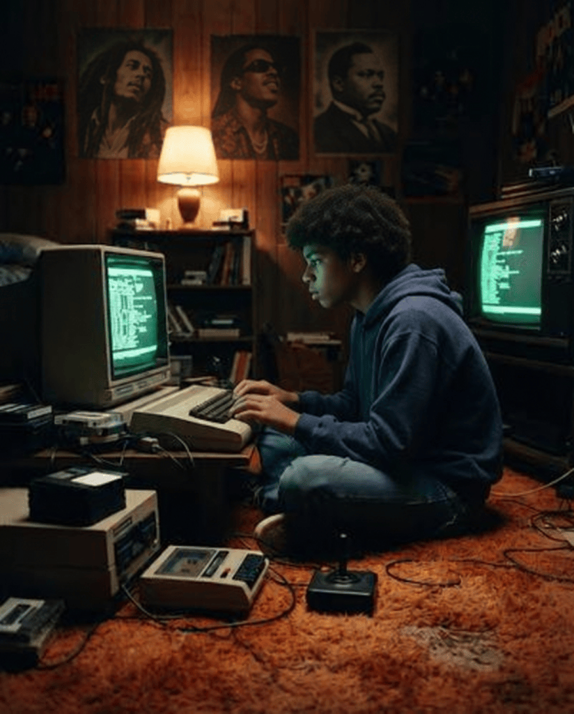 A young boy explores the possibilities of early computing beneath portraits of Bob Marley, Stevie Wonder and Marcus Garvey, as one generation’s strange new technology quietly becomes the foundation of the next.