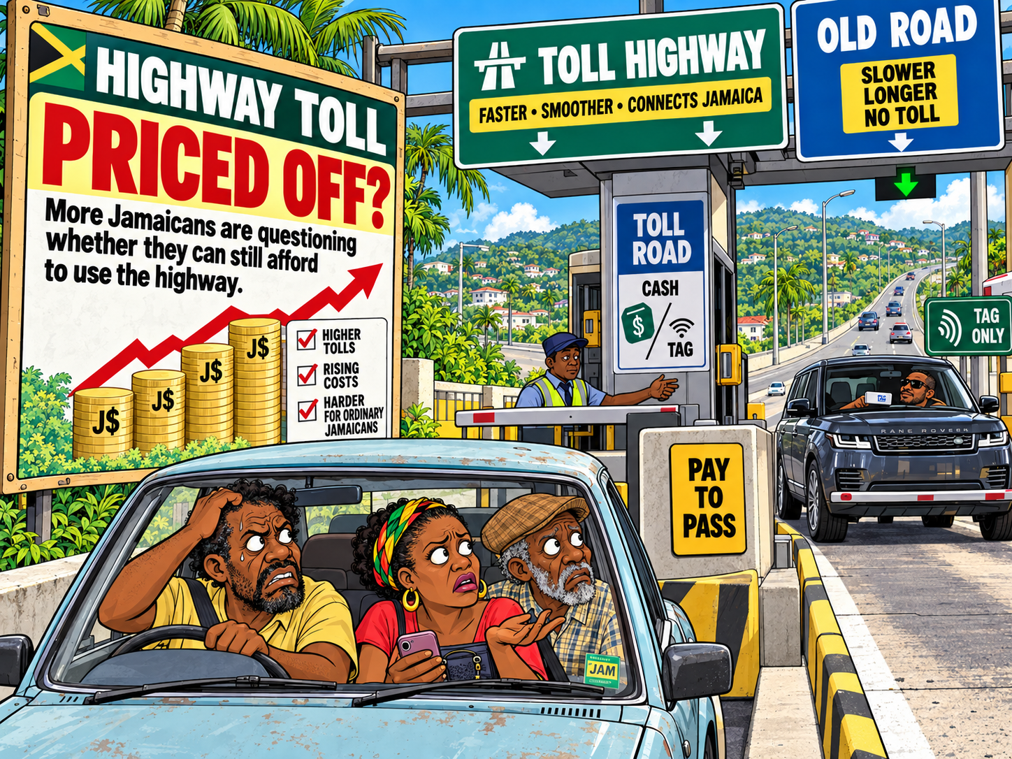 An editorial cartoon shows worried Jamaican motorists at a toll plaza, contrasting an older car hesitating at the payment barrier with a newer vehicle moving easily through another lane. Rising J$ symbols, toll signs and the choice between the toll highway and slower old road illustrate growing concerns that higher toll costs are making Jamaica’s highways harder for ordinary motorists to afford.