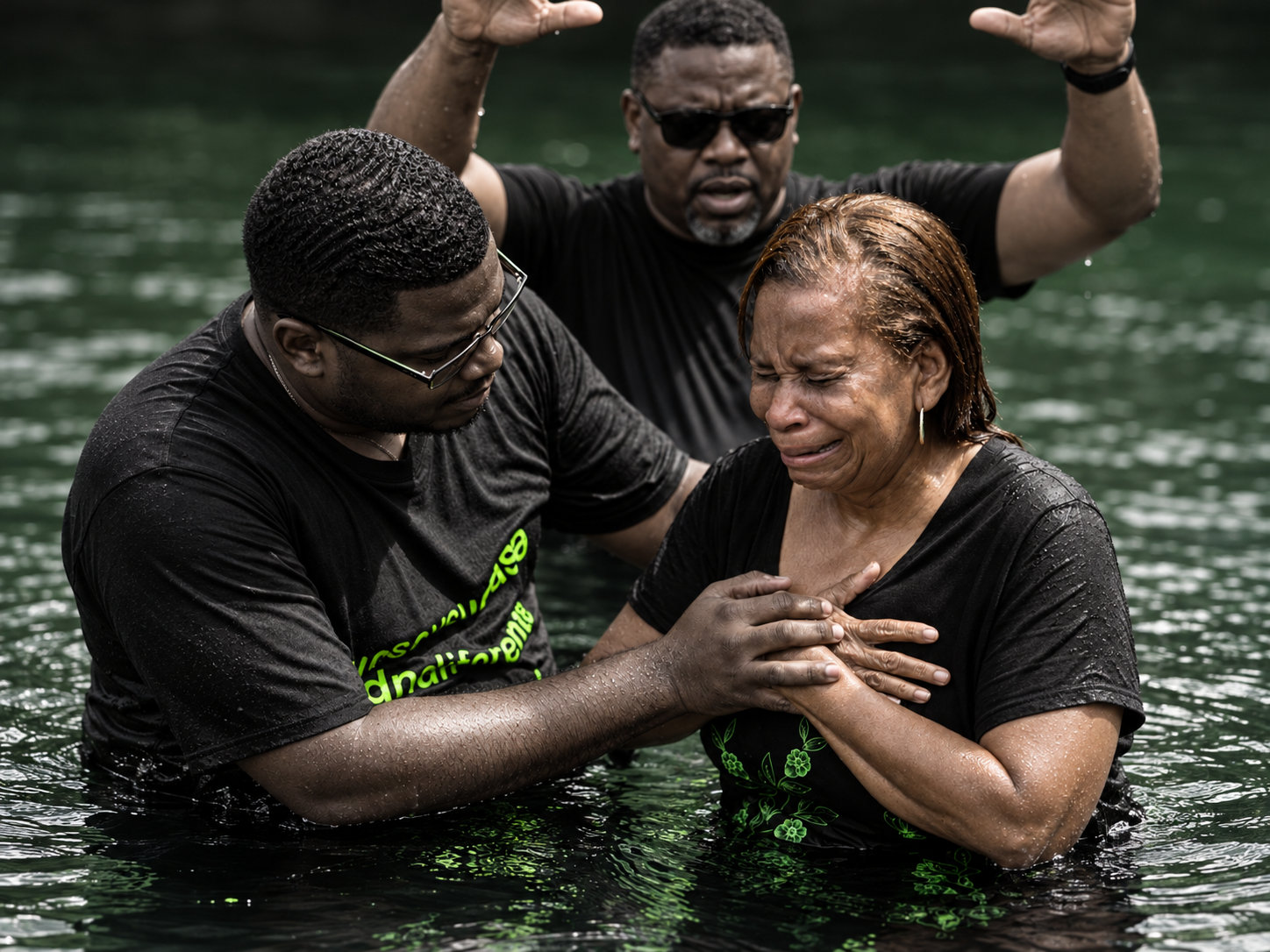 An emotional moment of faith and spiritual renewal as a woman is supported during a water baptism, surrounded by prayer and encouragement.