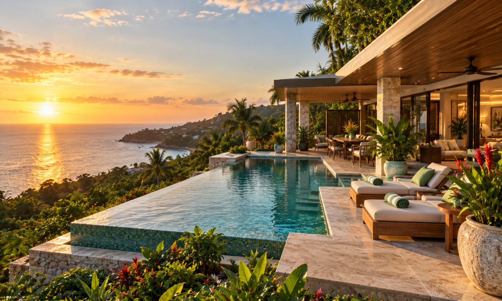 An artist’s impression of a contemporary luxury villa overlooking Jamaica’s coastline, combining an infinity pool, natural stone, tropical landscaping and open-plan living to create a seamless connection between modern architecture and the Caribbean landscape.