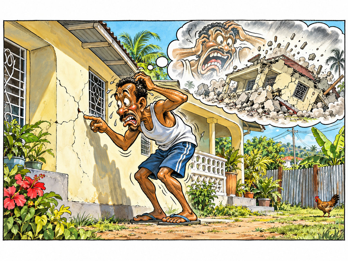 A Jamaican homeowner anxiously examines cracks in the exterior wall of his house while imagining the entire building collapsing. The exaggerated thought bubble reflects how small defects can quickly become worst-case scenarios in our minds, even when a crack may simply need proper inspection rather than panic.