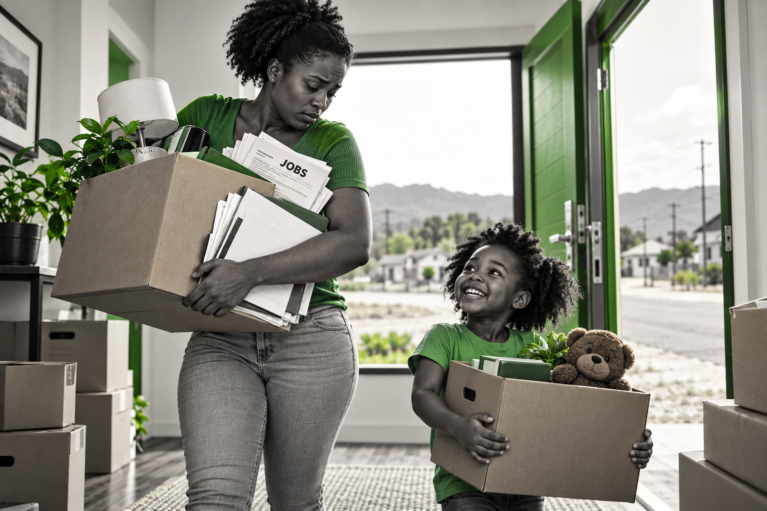 A mother carries the burden of relocation and the search for work while her child celebrates the excitement of a new home, highlighting a growing housing challenge: building homes is only half the answer when jobs remain out of reach.