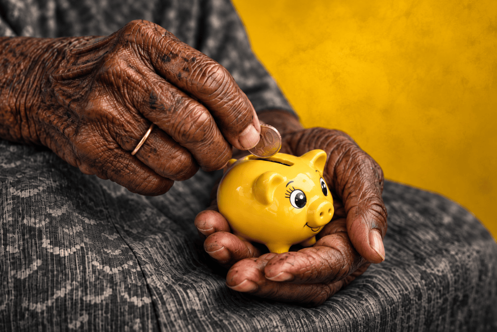 An elderly Jamaican woman’s deeply lined, weathered hands carefully place a coin into a bright yellow piggy bank, capturing the quiet financial pressure facing people who may enter retirement still paying for housing. The dark grey surroundings and aged hands contrast sharply with the cheerful yellow piggy bank, symbolising the difficult balance between limited retirement income, rising living costs and the need to keep saving for security later in life.