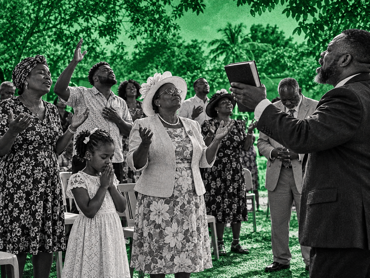 Worshippers gather outdoors in a moment of shared prayer and praise, reimagined in a bold green and greyscale editorial style. With no church building in sight, the scene centres on faith expressed in the open air, as members of the congregation stand among chairs and greenery, facing one another in reverence and unity. At the front, a pastor stands to the side holding his Bible forward as he leads the gathering, while a woman in a church hat lifts her hands in prayer and a young girl stands quietly with her hands clasped. The image captures a powerful sense of devotion, community and spiritual resilience, showing that worship can continue wherever believers come together.