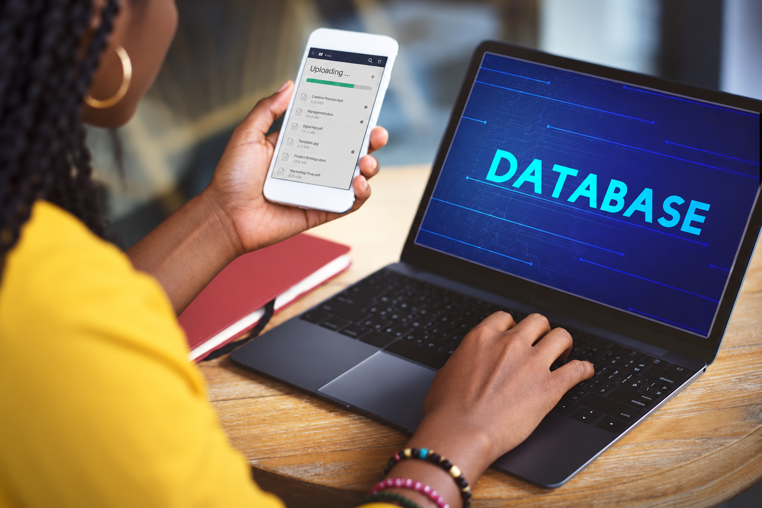A woman manages digital files and database uploads from her laptop and smartphone, illustrating the growing role of technology, data management and online systems in modern business and property services.