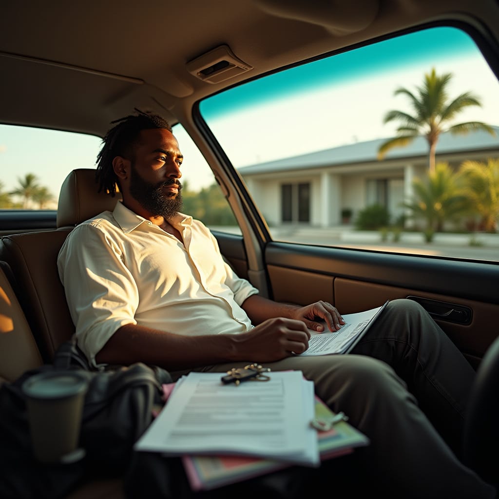 A weary Jamaican male realtor, dressed in stylish attire, sits in his car, surrounded by real estate documents, a laptop bag, and a phone, with a coffee cup, folders, and keys scattered around, warm tropical sunlight casting a cinematic glow, outside, a modern Caribbean-style house with swaying palm trees, shot in a cinematic style, with film grain, vignette, and color grading, reminiscent of photographers like Gregory Crewdson, Steve McCurry, and Martin Schoeller, with a 35mm film aesthetic.