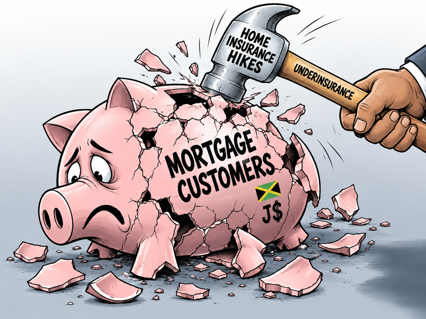 An editorial illustration depicting the financial pressure facing Jamaican mortgage customers as higher home insurance costs linked to underinsurance add to monthly household expenses.