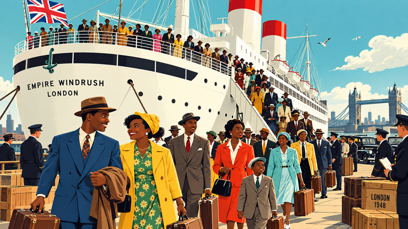 The Windrush Generation: A new chapter begins as Caribbean migrants arrive in Britain aboard the Empire Windrush in 1948, carrying their hopes, ambitions and dreams of a better future. Their courage, resilience and contributions would help reshape modern Britain and leave a lasting legacy for generations to come. Illustration inspired by the historic arrival of the Windrush Generation.