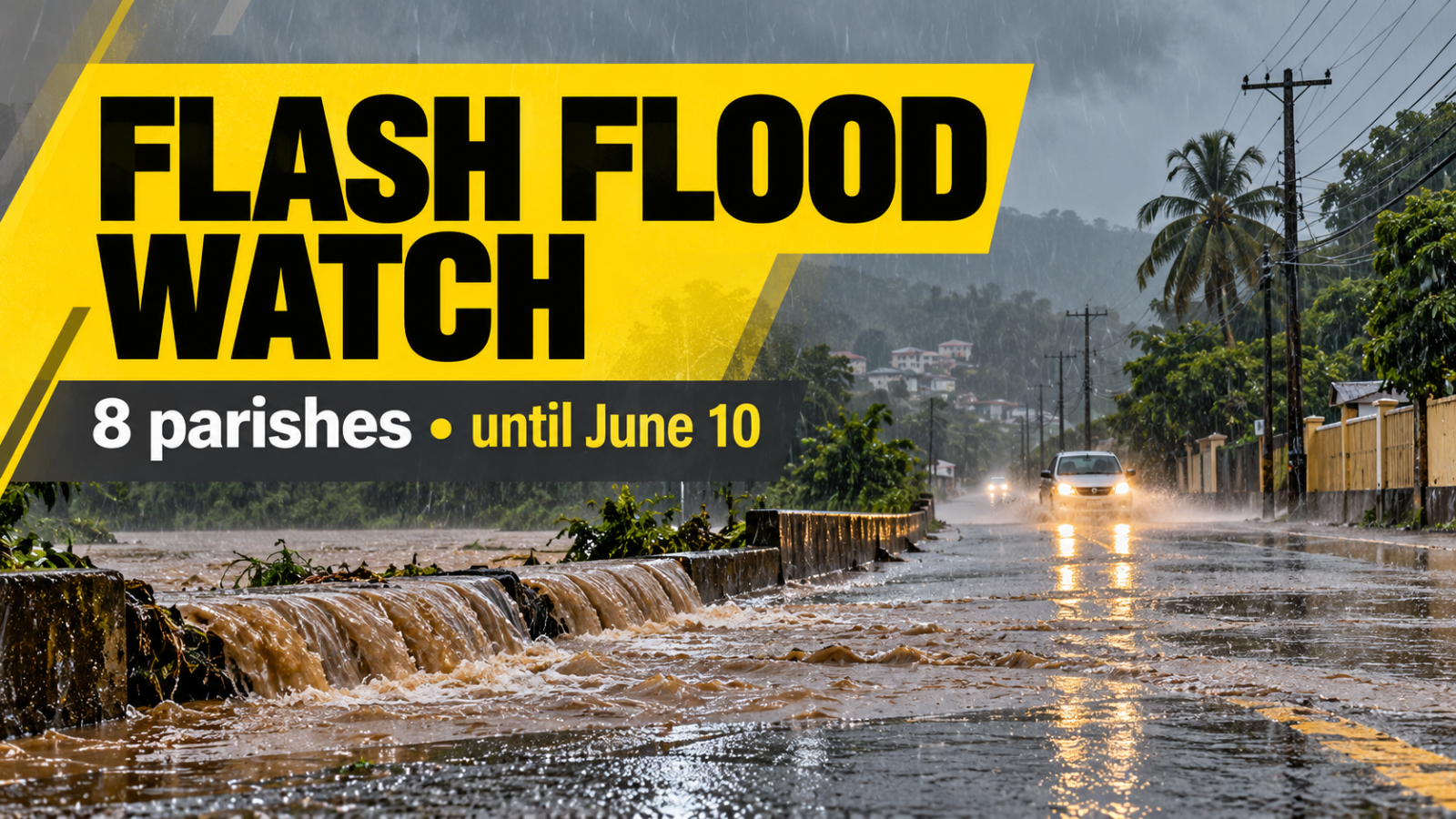 Jamaica Homes news image showing heavy rain and flooding during a flash flood watch affecting eight Jamaican parishes.