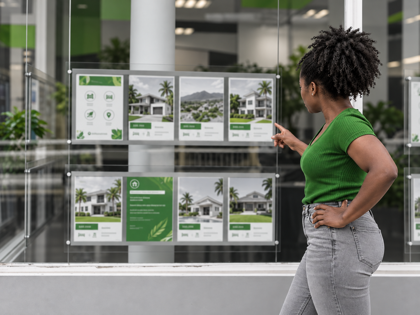 A prospective homebuyer examines property listings displayed in a real estate agency window, reflecting the choices, opportunities and challenges facing those searching for a home in Jamaica.
