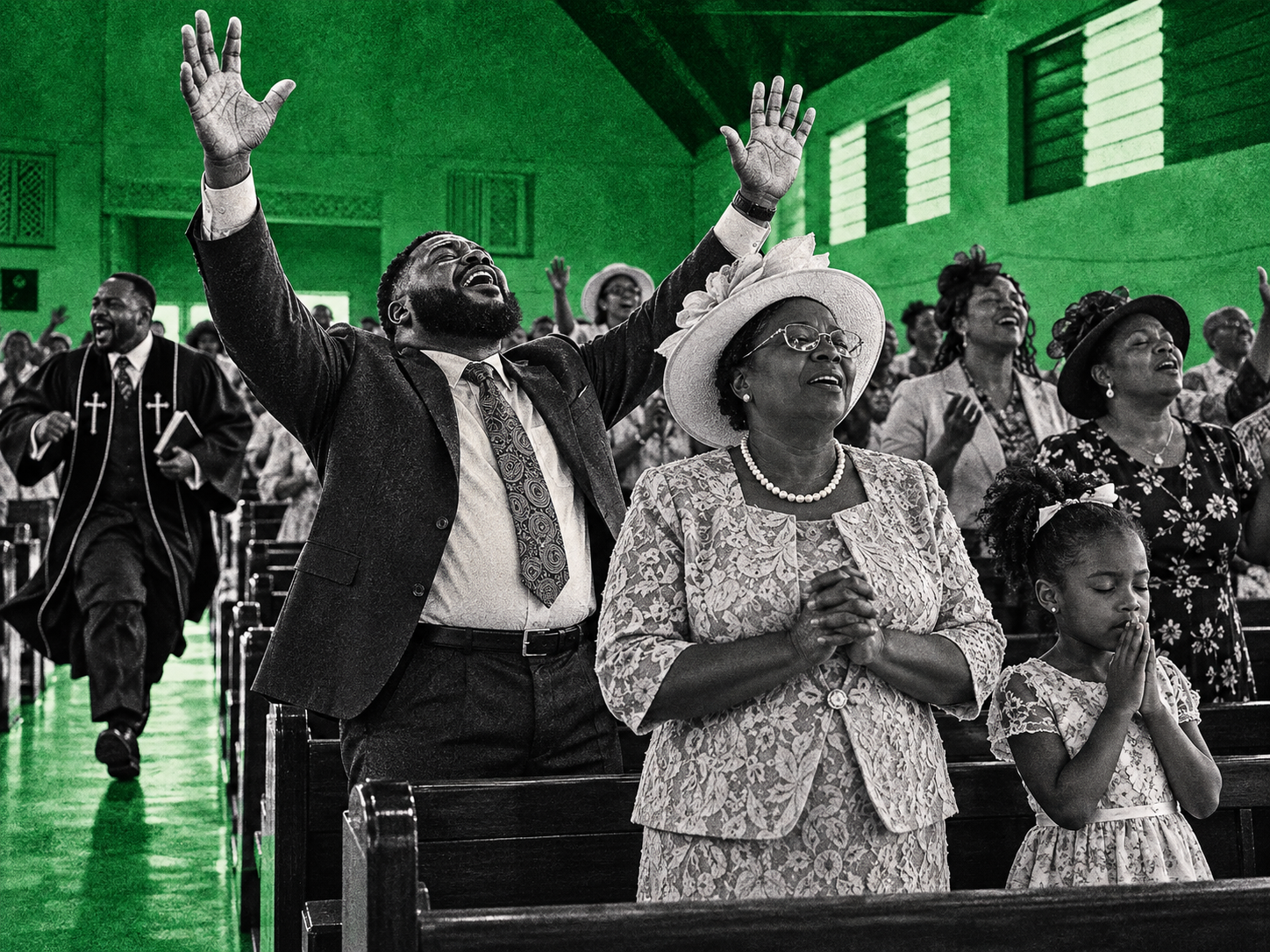 A worship scene inside a Jamaican church is reimagined in a striking green and greyscale editorial style, capturing a moment of intense praise and devotion. At the centre, a woman in a patterned church suit and wide-brimmed hat stands with her hands clasped in prayer, while beside her a large worshipper lifts both hands toward the ceiling in an expression of gratitude and spiritual release. In the foreground, a young girl stands quietly with her hands folded, adding a calm, reverent contrast to the wider movement around her. Behind them, members of the congregation sing and worship with visible emotion, while a pastor moves quickly down the aisle, bringing energy and urgency to the service. The image blends reverence, joy and movement, presenting a powerful portrait of faith, community and worship in a Jamaican church setting. The green and grey treatment gives the scene a bold, contemporary newspaper illustration feel while preserving the warmth and intensity of the original moment.
