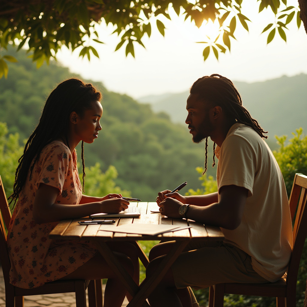 Mixed-race, light-skinned young Jamaican couple with dreadlocks, sitting on a scenic outdoor patio overlooking the lush Jamaican hills, intently studying financial documents and laptops, surrounded by notebooks and pens, as they work together to finance their first real estate investment property in Jamaica, warm sunlight casting a golden glow on their determined faces, cinematic film grain and subtle vignette adding a sense of intimacy and realism, color graded to evoke a sense of hope and optimism, with a shallow depth of field and cinematic lighting that highlights their focused expressions