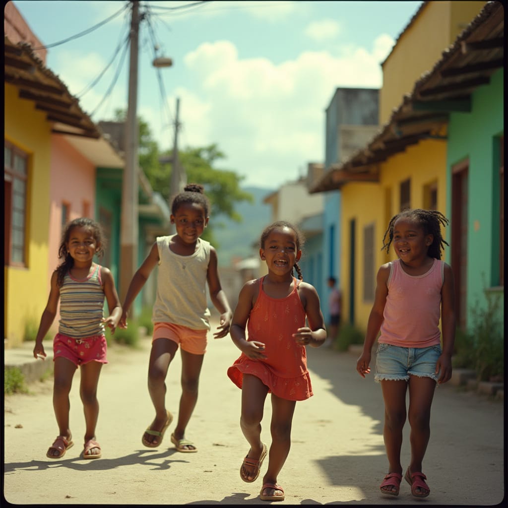  Cinematic film still of beautiful Jamaican kids playing joyfully in a vibrant, sun-drenched street with colorful architecture. Shot on V-Raptor XL, captured with 35mm film, featuring rich film grain, a subtle vignette, and expertly color-graded post-processing. The scene is alive with atmospheric, cinematic lighting, presenting a stunning, dramatic, and epic masterpiece of live-action best quality.