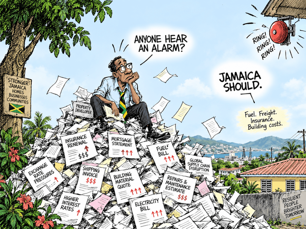 Anyone Hear an Alarm? Jamaica Should. Dean Jones Certainly Has A Jamaican property professional sits atop a mountain of bills, insurance renewals, mortgage statements, shipping invoices and construction quotes as an alarm rings overhead. The cartoon reflects growing concern that geopolitical conflict, higher energy prices, supply-chain disruption and rising insurance costs can ultimately reach Jamaican homeowners, developers and businesses.