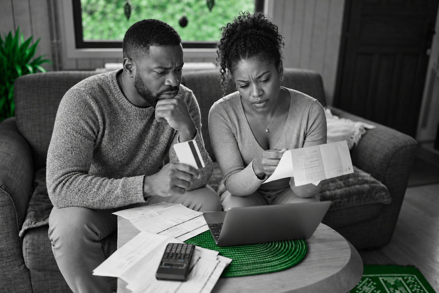 A Jamaican couple carefully reviews household bills and finances, highlighting the growing pressure of everyday housing costs on family budgets.