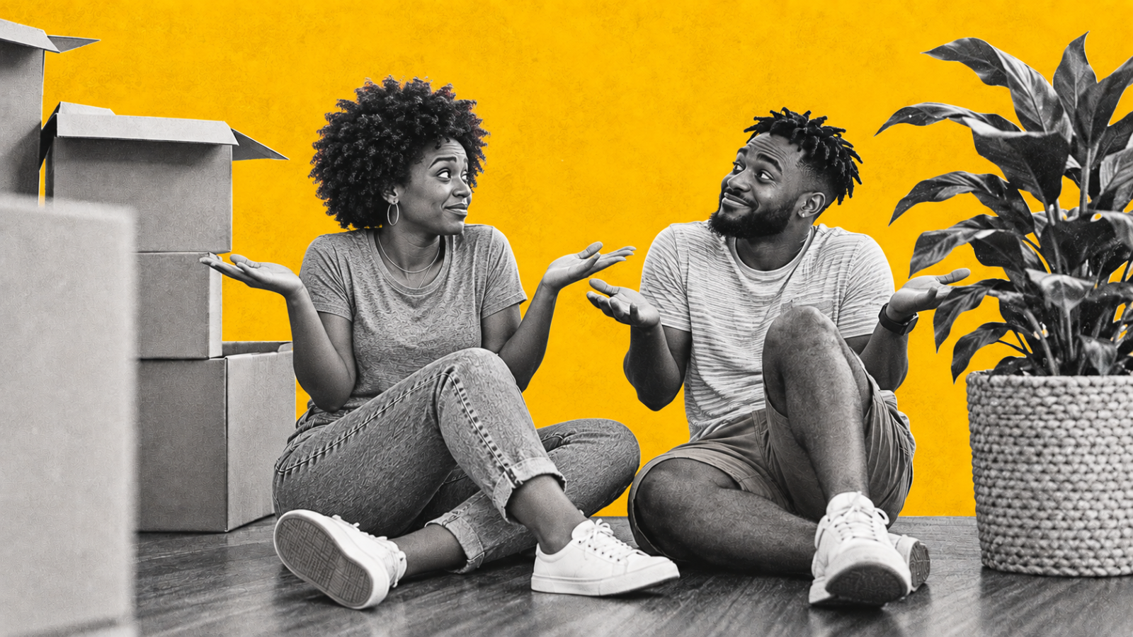 A Jamaican couple surrounded by moving boxes share a moment of uncertainty, reflecting the difficult choices many households face in today’s housing market.