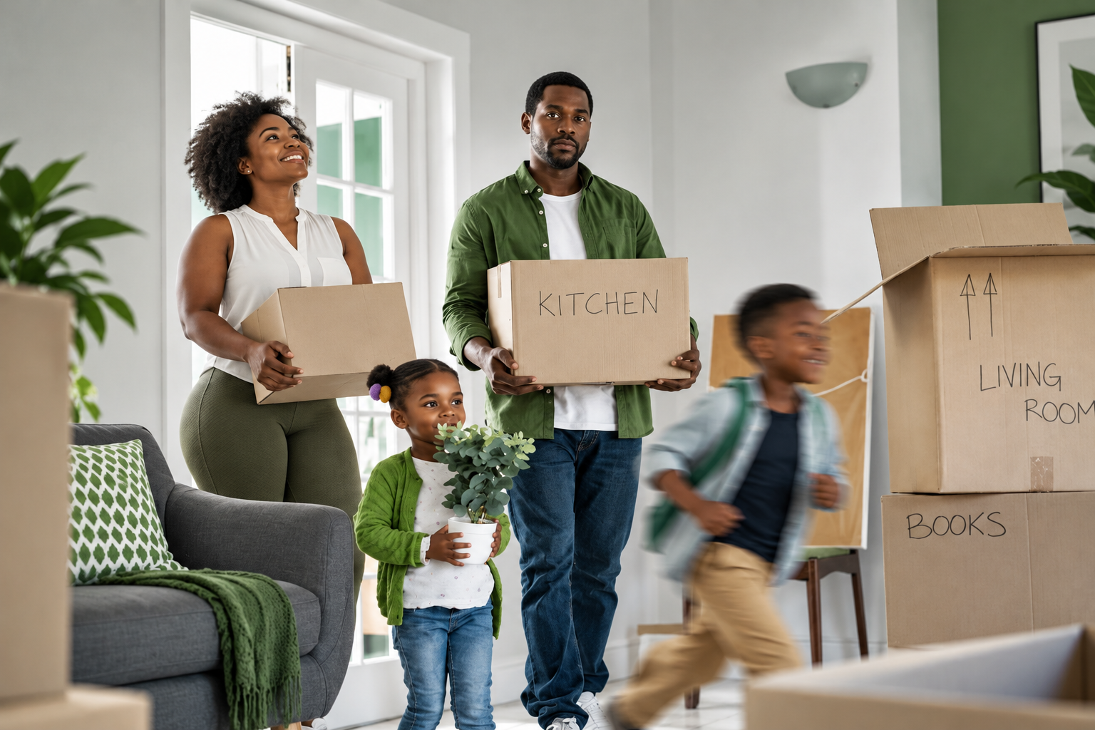 A Jamaican family settles into a new home, surrounded by moving boxes and the excitement of a fresh beginning. While the children embrace the moment with energy and curiosity, their parents carry the responsibilities and expectations that come with homeownership. The image captures both the joy of moving and the deeper reality of building a secure future, reflecting the hopes, sacrifices and financial commitments behind Jamaica’s dream of owning a home.