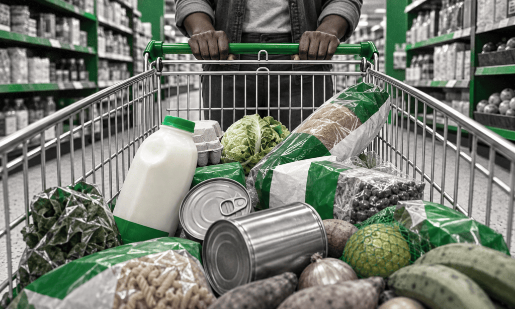A Jamaican shopper pushes a trolley of everyday groceries as rising food prices place increasing pressure on household budgets.