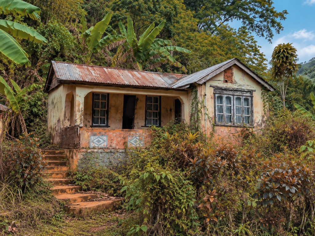 Can You Still Climb the Property Ladder With a Run-Down House in Jamaica and the Caribbean? A rundown rural Jamaican home sits among overgrown tropical vegetation, its weathered walls and rusting roof reflecting years of limited maintenance.