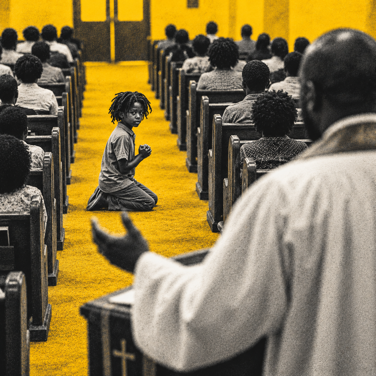 A young Jamaican child kneels in prayer along the central aisle of a church as a pastor, seen from behind at the pulpit, addresses the congregation. Viewed from the front of the sanctuary looking towards the entrance, the scene captures a moment of reflection, devotion and spiritual guidance. The seated worshippers, wooden pews and child's clasped hands illustrate the influence of Christianity on Jamaican family life, community traditions and the passing of religious values between generations. Recreated in a striking yellow and grey editorial style, the image also reflects the wider national discussion about religion, freedom of conscience and the place of Christian beliefs in Jamaica's constitutional and democratic future.