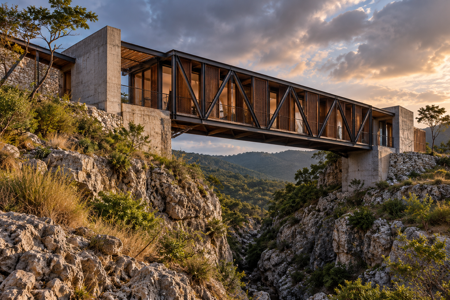 Long Jamaican bridge house spanning a rocky ravine between two concrete and limestone anchors, with dark steel trusses and timber screens