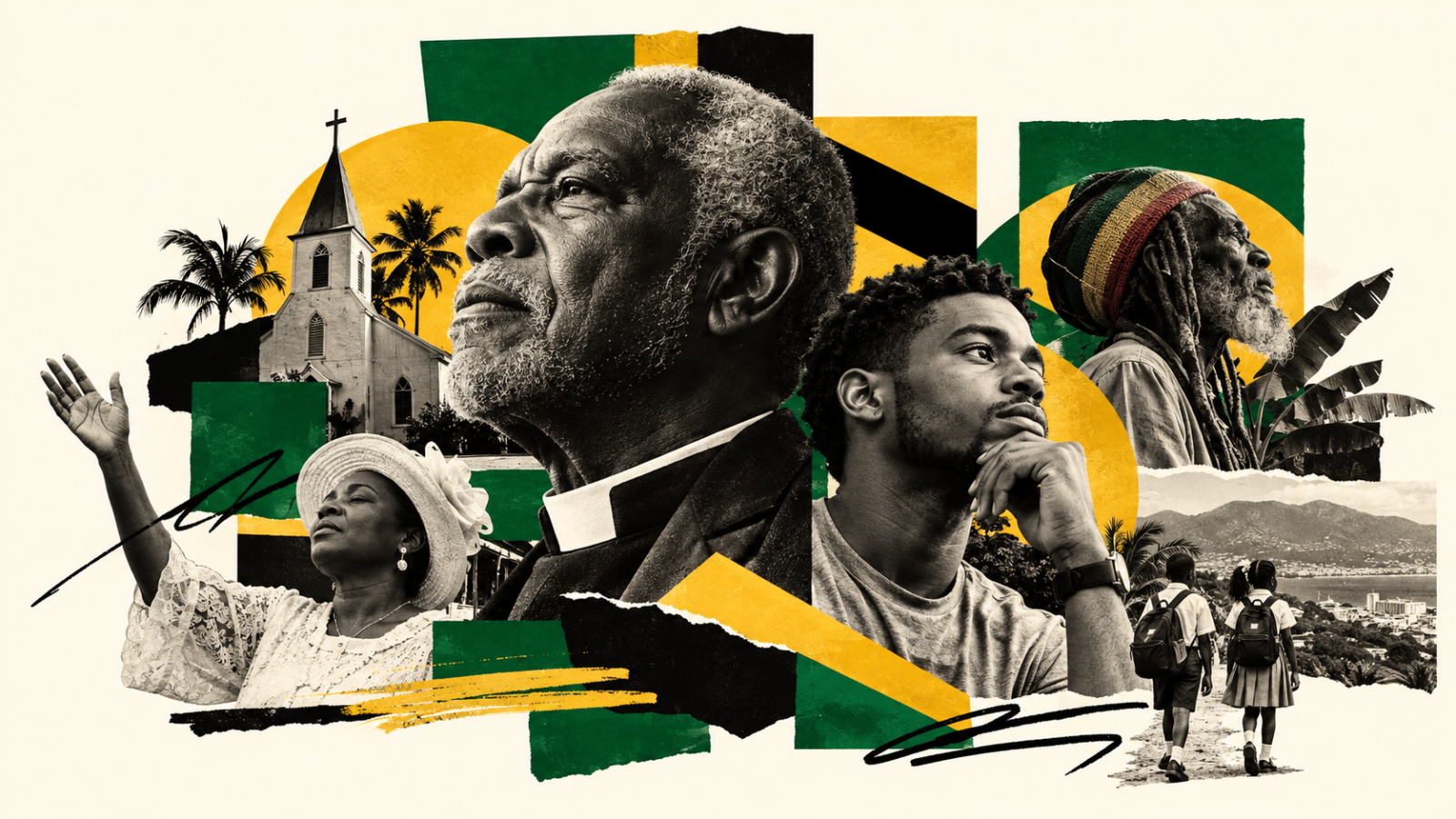 An editorial collage explores the changing place of Christianity in modern Jamaica, bringing together an older church leader, a younger Jamaican reflecting on faith, a woman in worship, schoolchildren, a traditional church and a Rastafarian elder. Framed by the green, gold and black of the Jamaican flag, the image reflects a country where Christianity remains deeply rooted in public life, education, family and culture, while younger generations, religious diversity and changing patterns of church participation are reshaping what it means to call Jamaica a Christian nation. Is this conversation helpful so far?