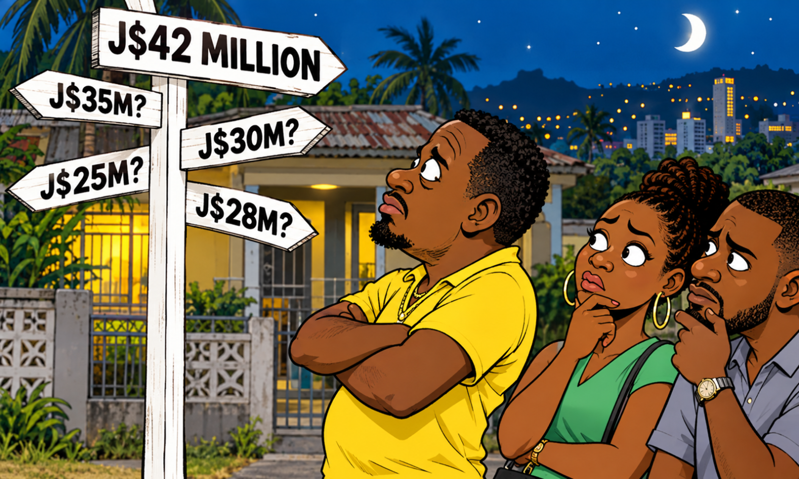 A satirical Jamaican property-market illustration shows a homeowner standing outside a modest house beneath a signpost pointing to several competing price expectations, from J$25 million to J$42 million. Two prospective buyers study the figures with visible uncertainty, capturing the widening gap that can emerge between what sellers hope to receive and what buyers believe a property is worth.