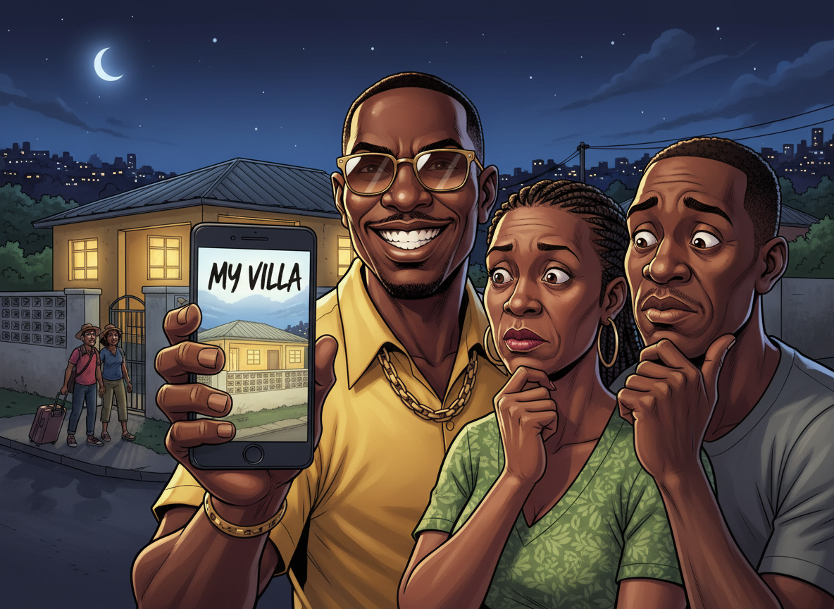Cartoon of a grinning man showing a Jamaican house listed on his phone as MY VILLA while the real owners stare in disbelief and tourists arrive at the gate