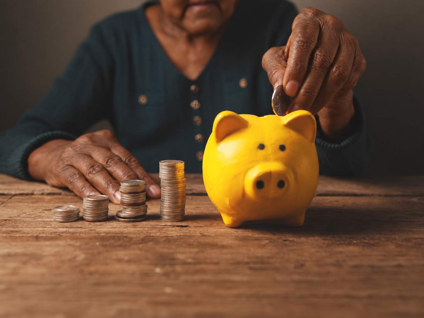 An older Jamaican woman puts money aside for the future, highlighting the importance of pension planning, savings and financial security in retirement.